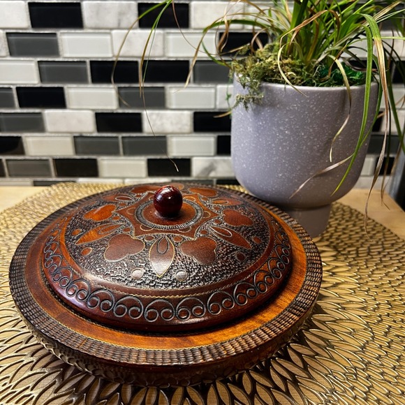 Other - Polish Hand Carved Wood Trinket Box Dish Lid & Bowl Decorative Storage Container